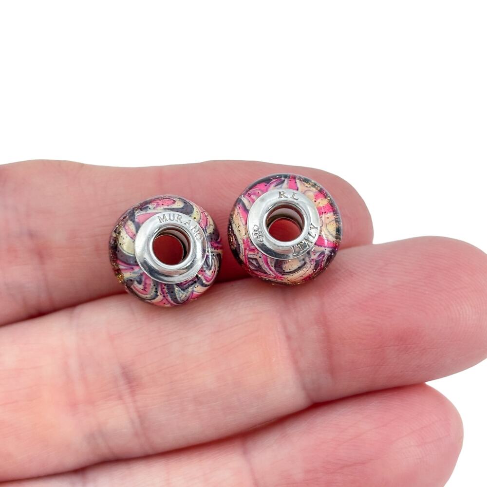 Vintage Sterling Silver 925 Pink Murano Glitter Glass Charm Bead